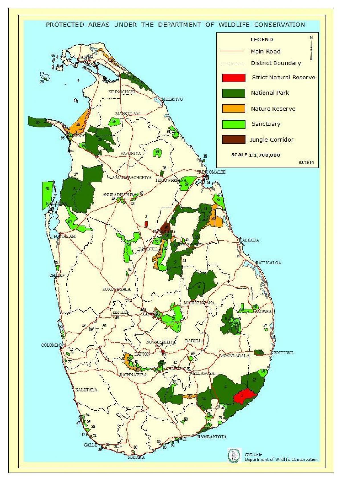 la mappa dei parchi nazionali dello Sri Lanka