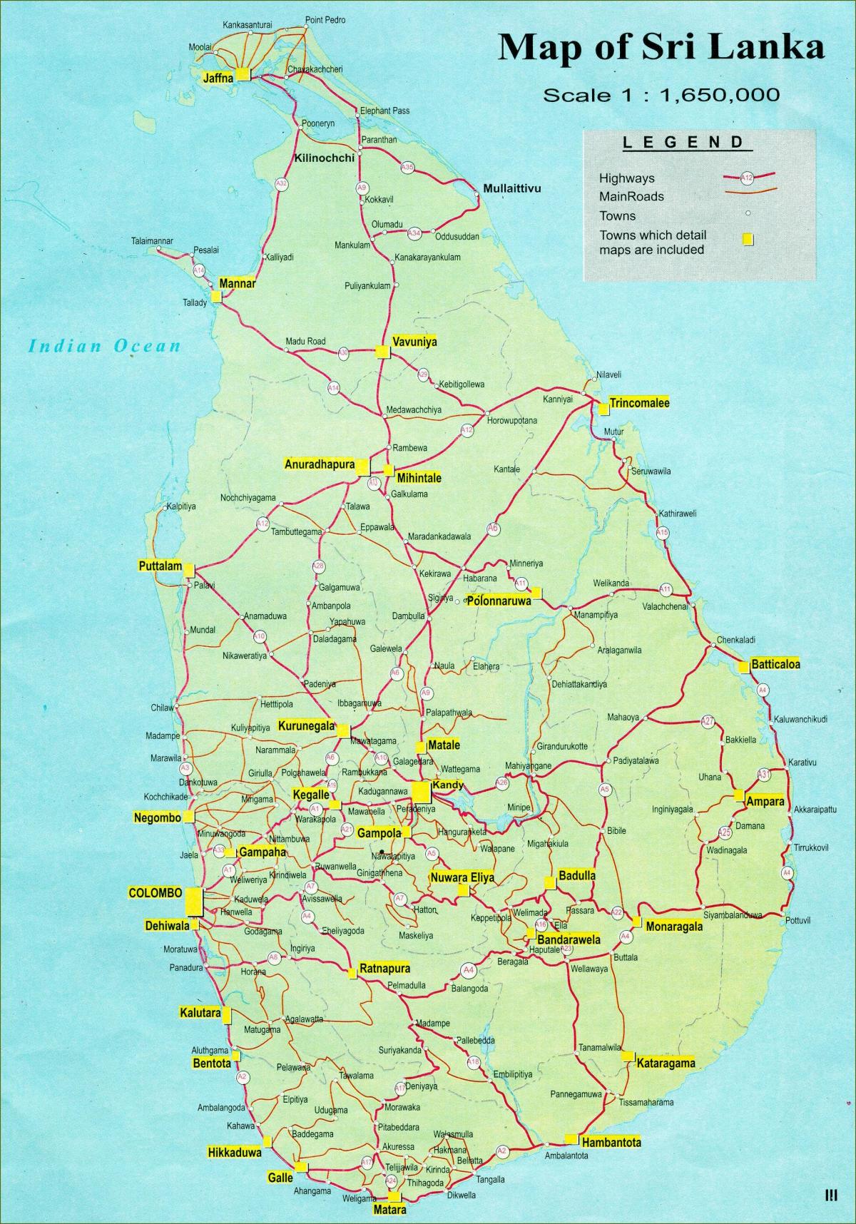 mappa di mappa turistica di Sri Lanka con la strada