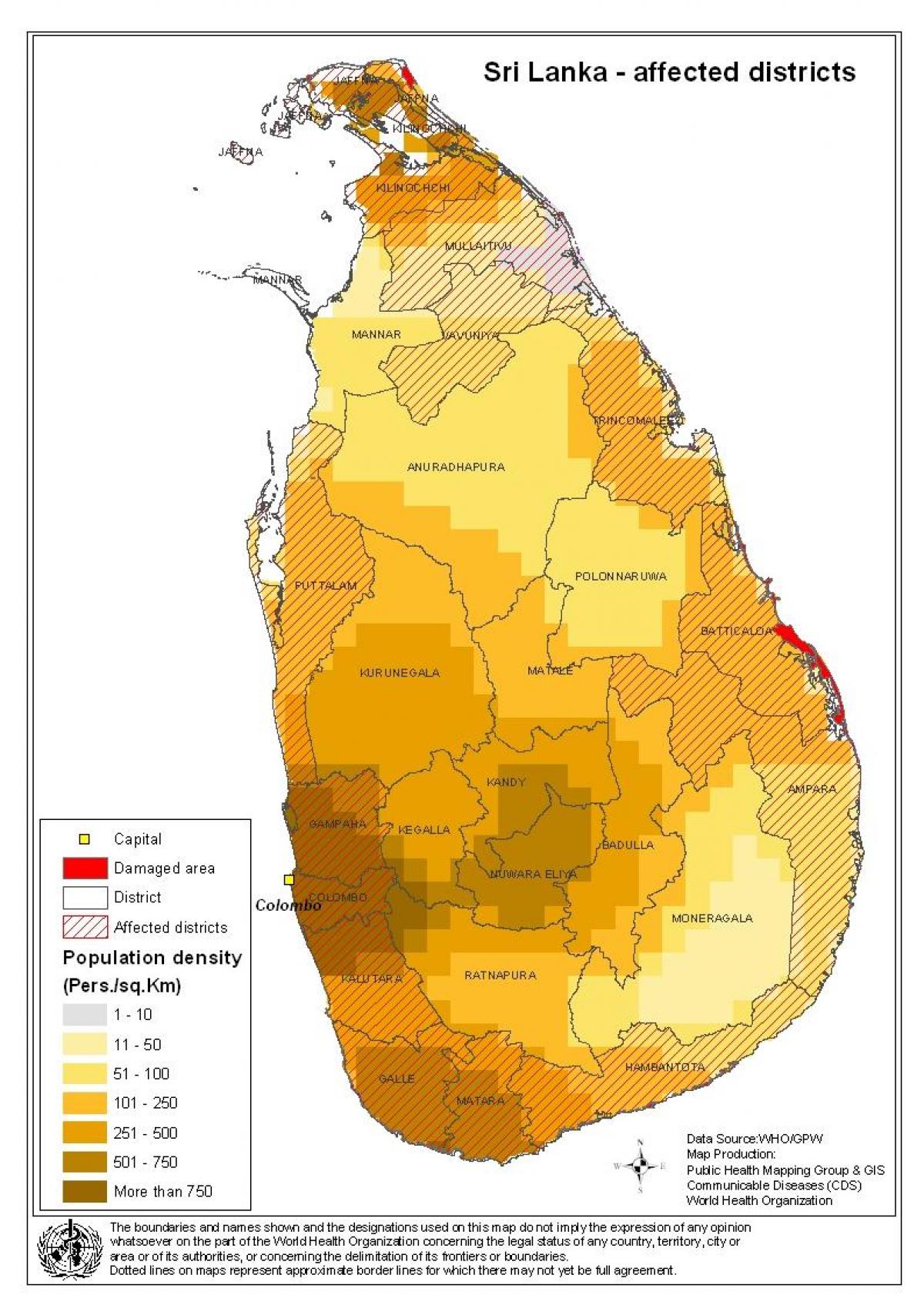 la mappa di densità di popolazione dello Sri Lanka