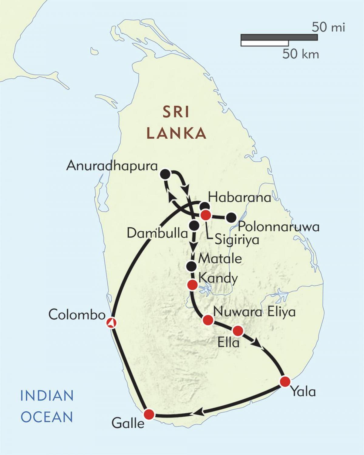 mappa di Sri Lanka itinerario