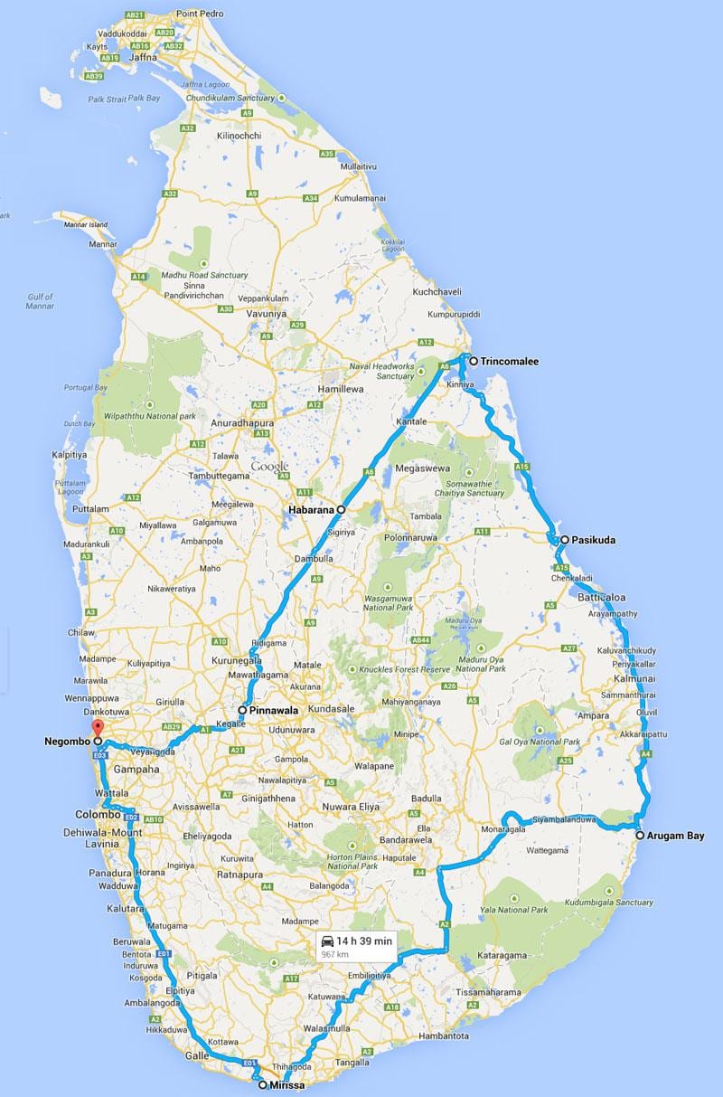 Sri Lanka migliori spiagge mappa
