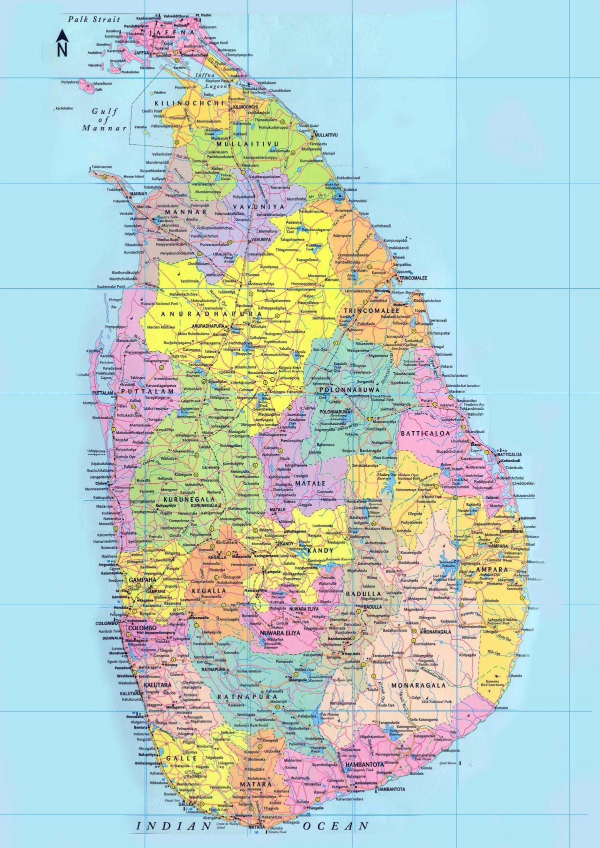 mappa dettagliata di Sri Lanka con strade